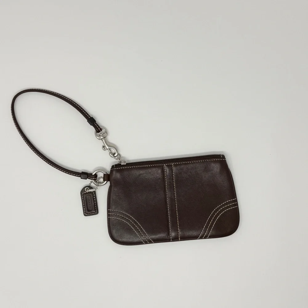 Coach Dark Brown Leather Wristlet Clutch Pouch Purse Zip Top Signature